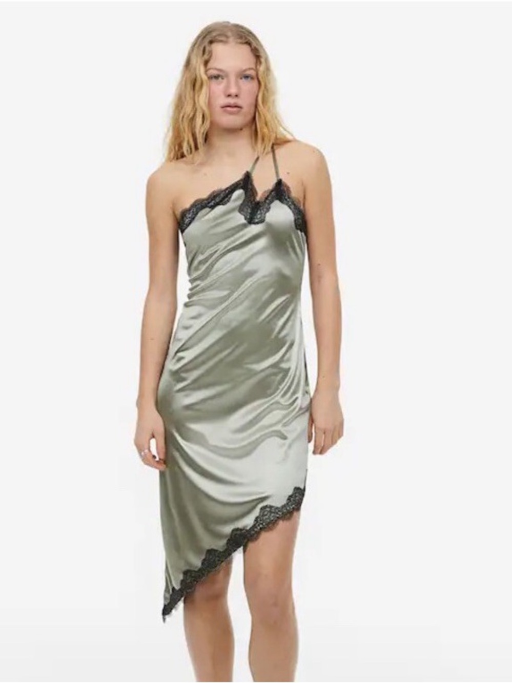 H&M - Sage Green Asymmetrical Slip Dress with Black Lace Trim - Picture 5 of 5